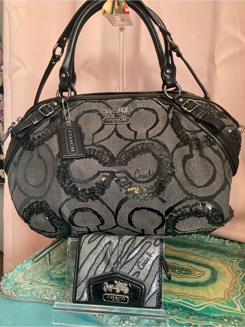 Coach Gray and Black Sequin Signature Satchel with wallet